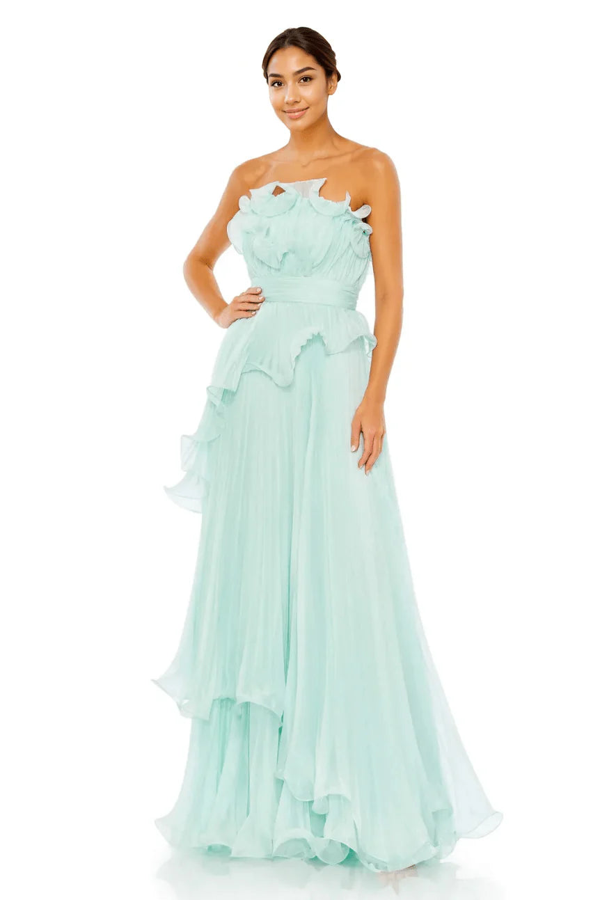 Pleated Tiered Ruffled Strapless Gown