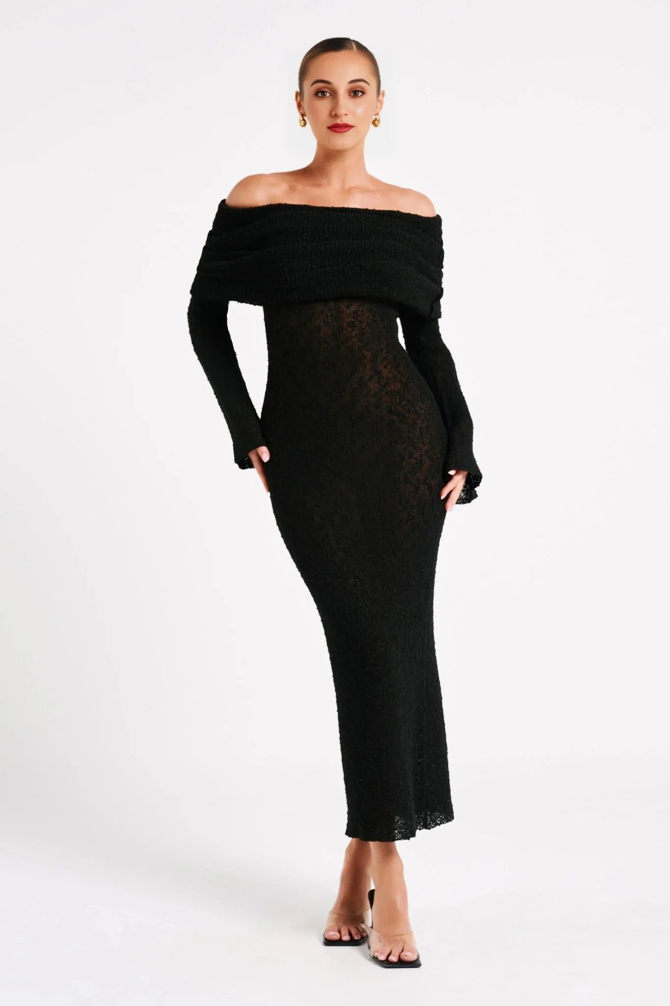 Marisol Off Shoulder Boucle Maxi Dress - Black