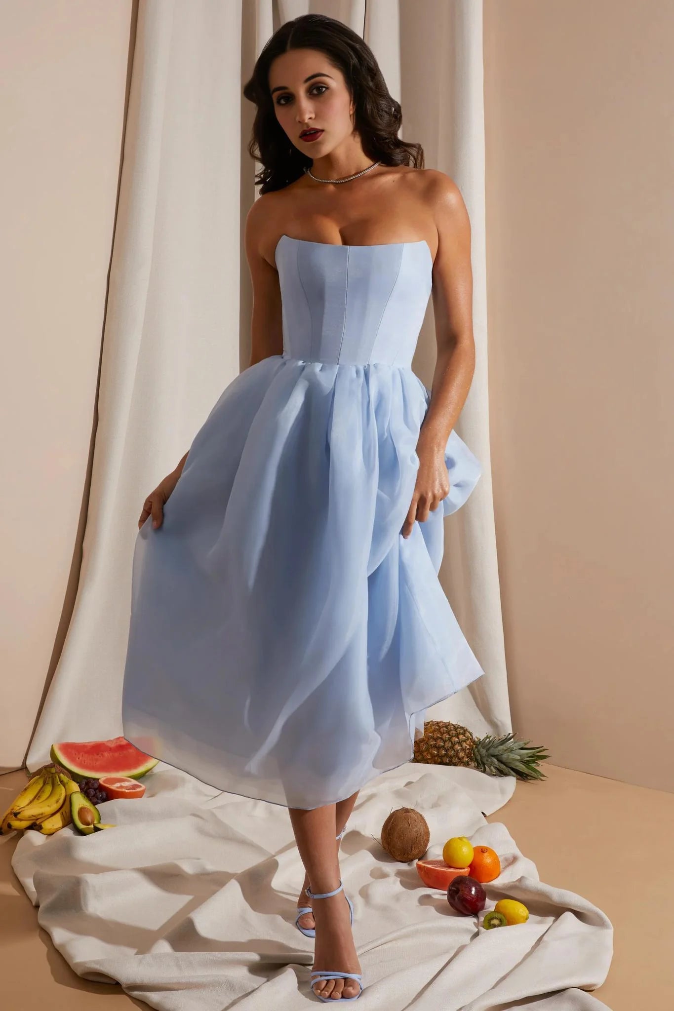 Strapless Corset Tulle Midi Dress in Blue