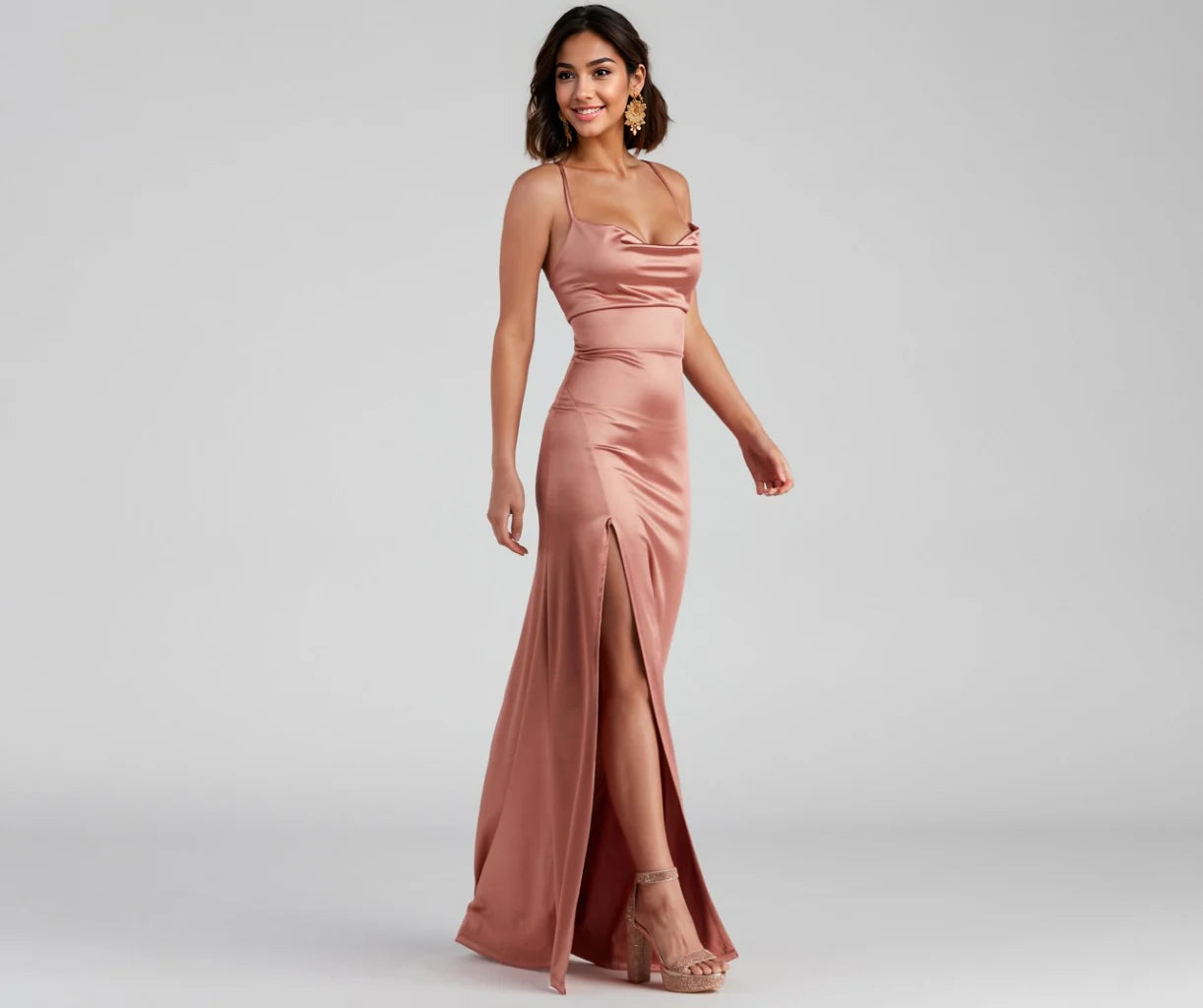 Cassie Sleeveless Satin High Slit Formal Dress