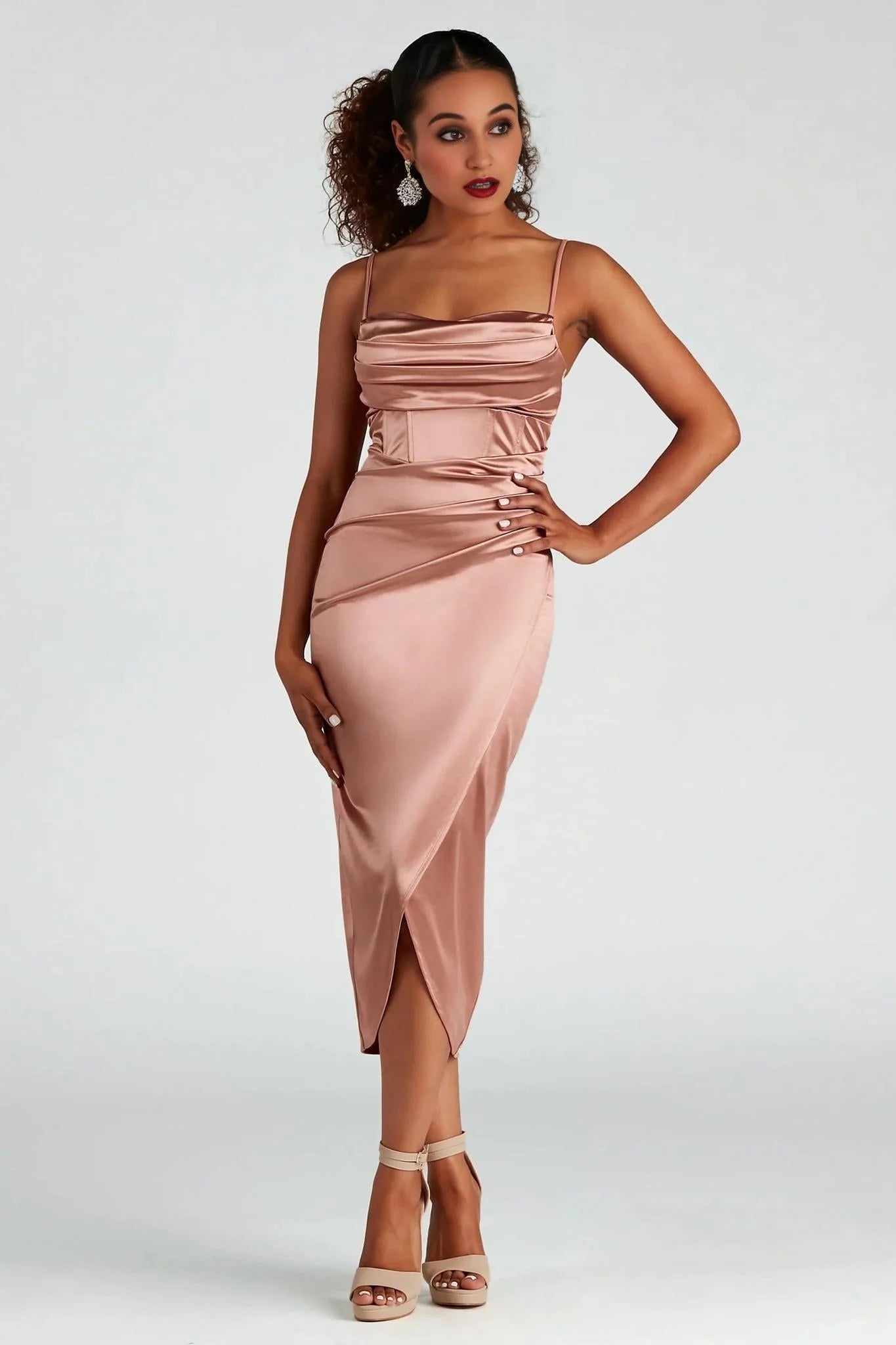 Margaret Formal Satin Wrap Midi Dress