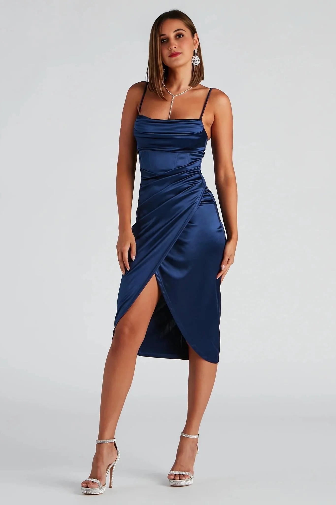 Margaret Formal Satin Wrap Midi Dress