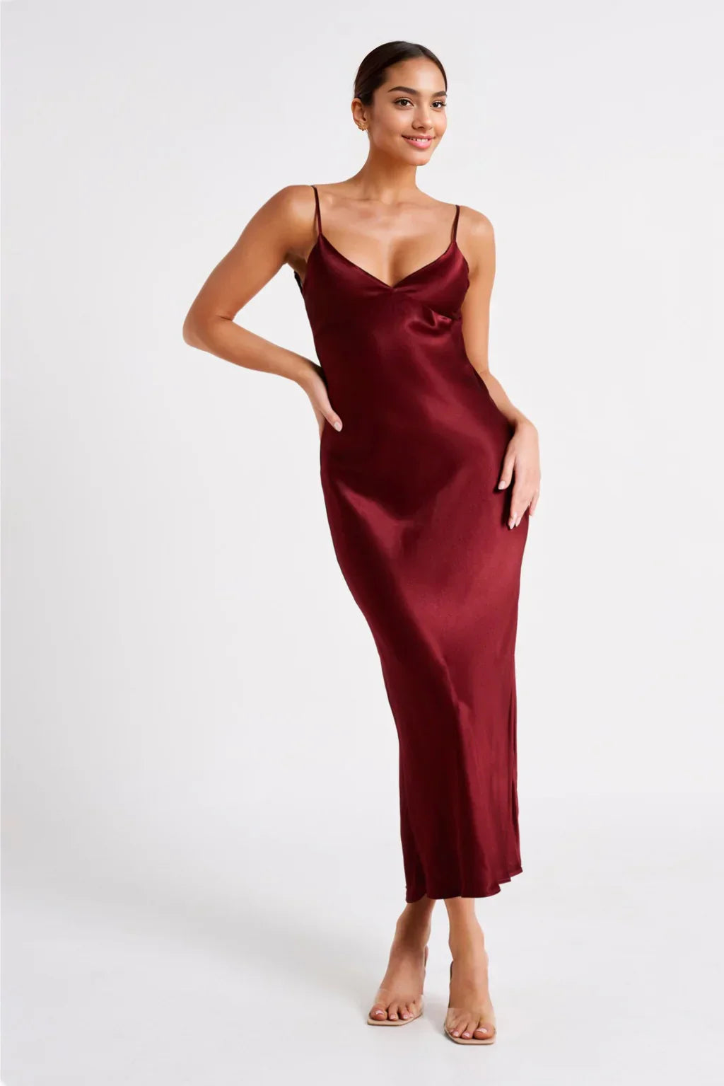 Valentine's Day Satin Chiffon Midi Dress - Berry