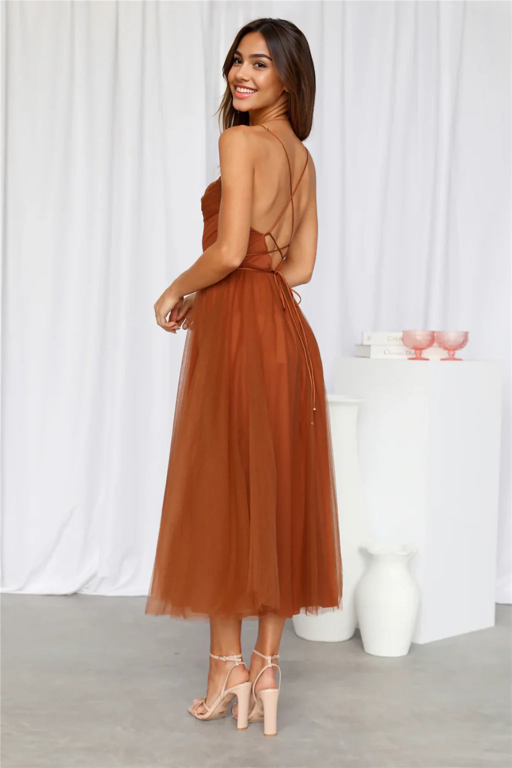 Signal My Way Tulle Midi Dress Chocolate