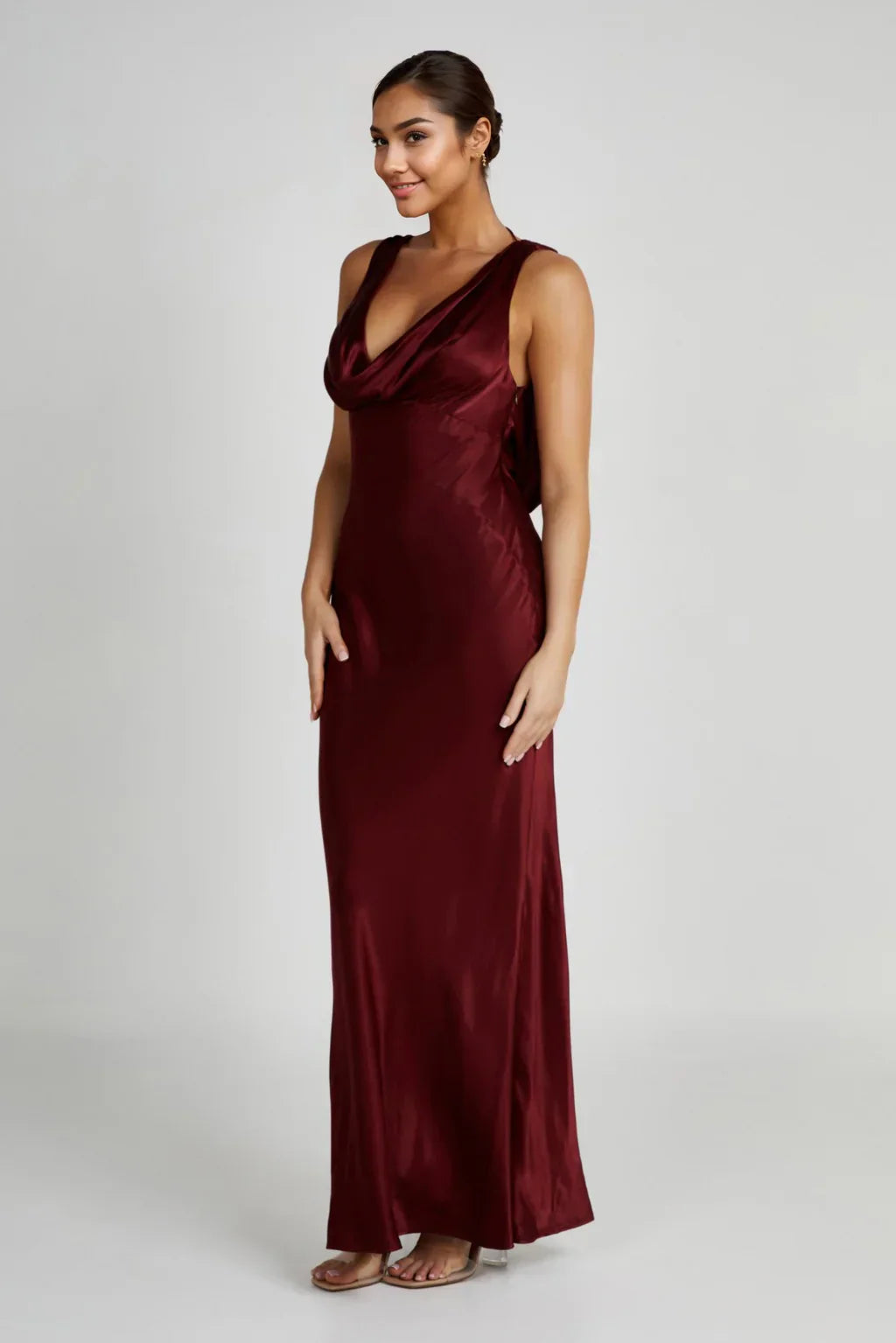 Angelique Satin Cowl Back Maxi Dress - Berry