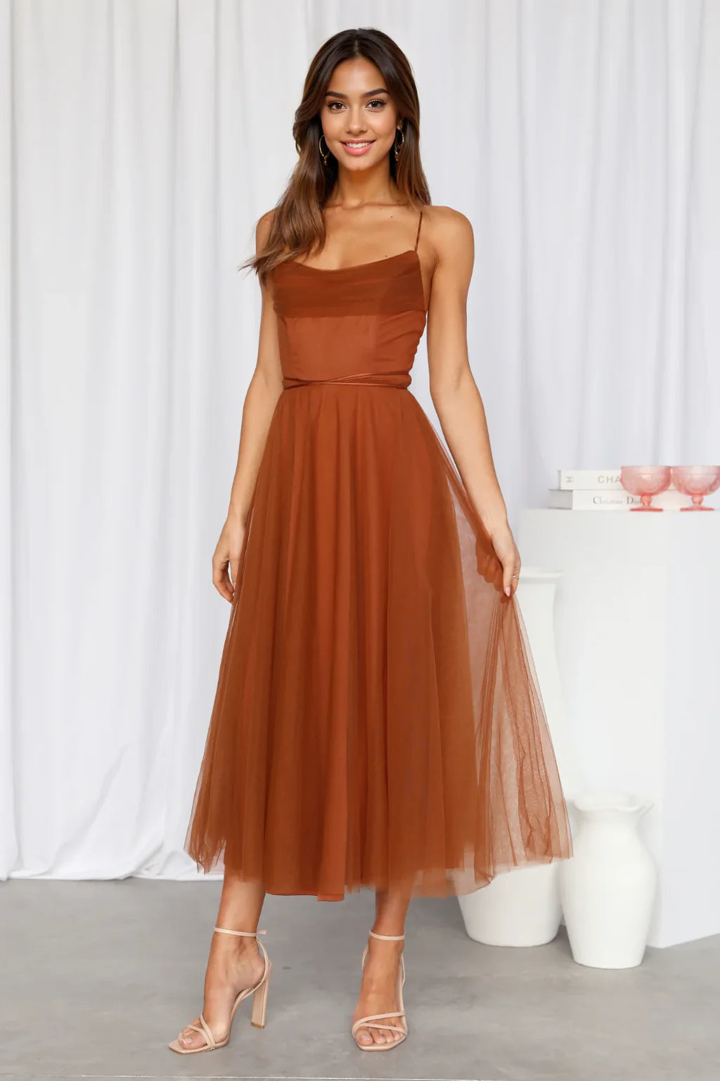 Signal My Way Tulle Midi Dress Chocolate