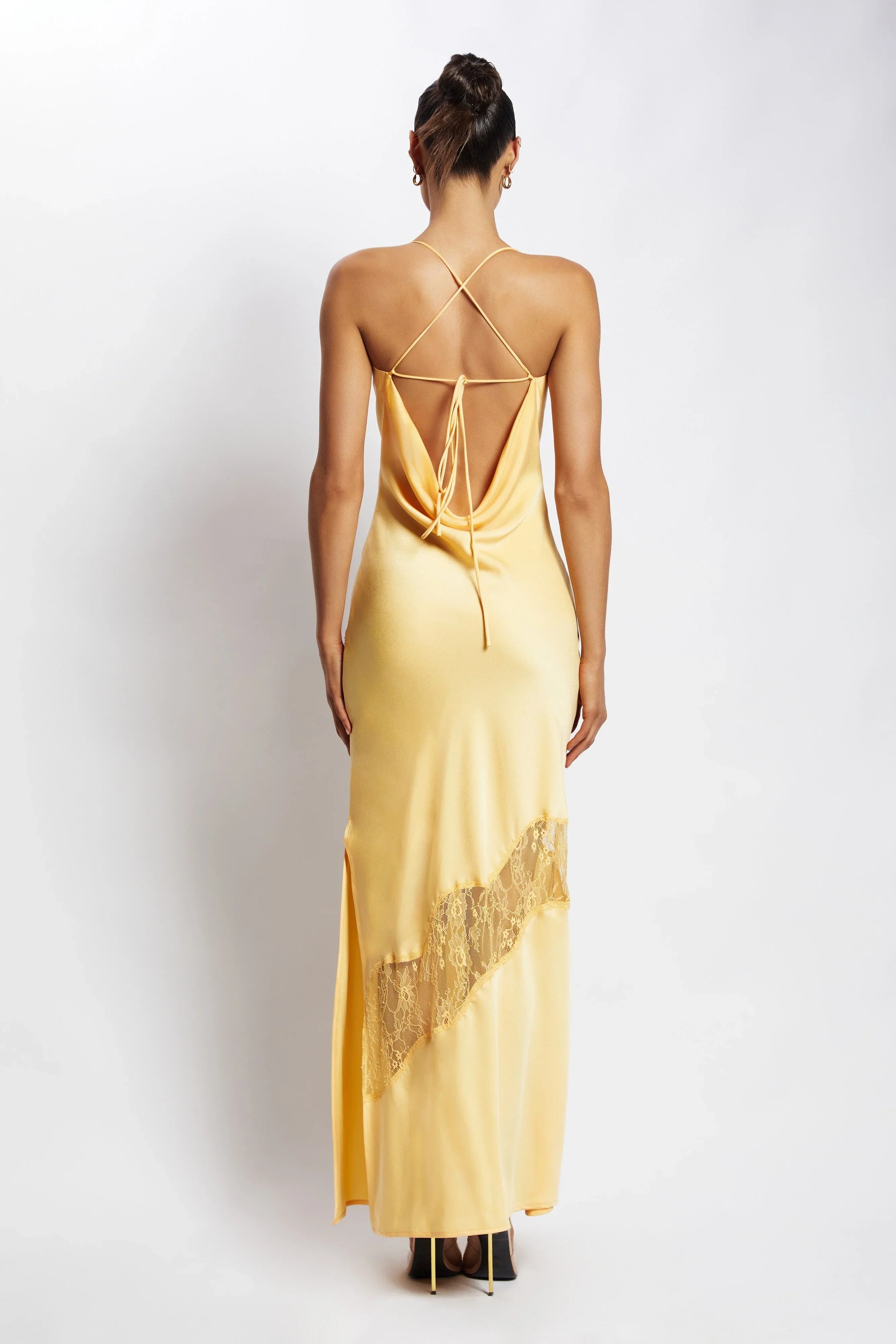 Chandra Lace Detail Satin Maxi Dress - Lemon