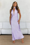 Pleased Satin Halter Maxi Dress Lilac