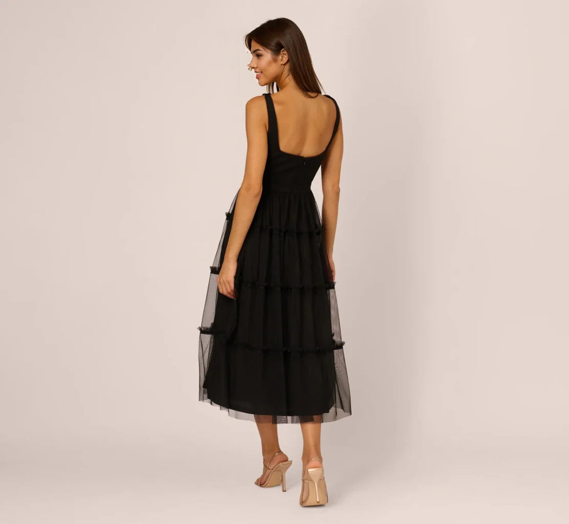 Sleeveless Midi Dress With Square Neck And Tiered Skirt In Black