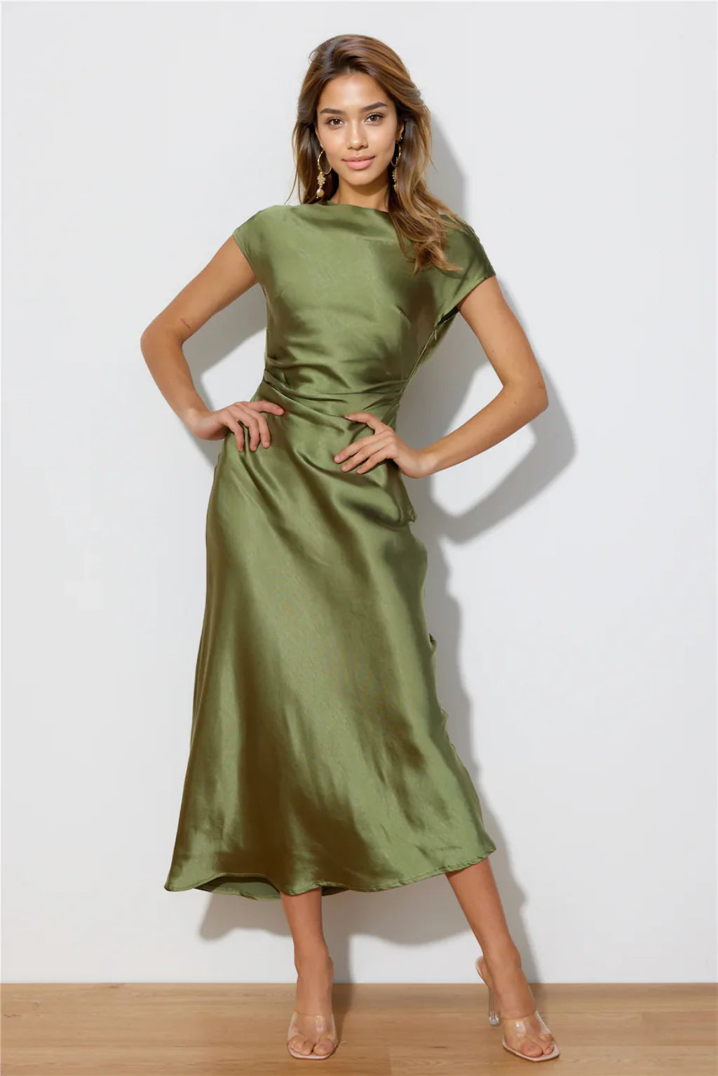 Faithful Nights Satin Midi Dress Olive