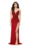 Ashley Lauren Long Fitted V Neck Slit Beaded Sequin Prom Dress Pageant Gown