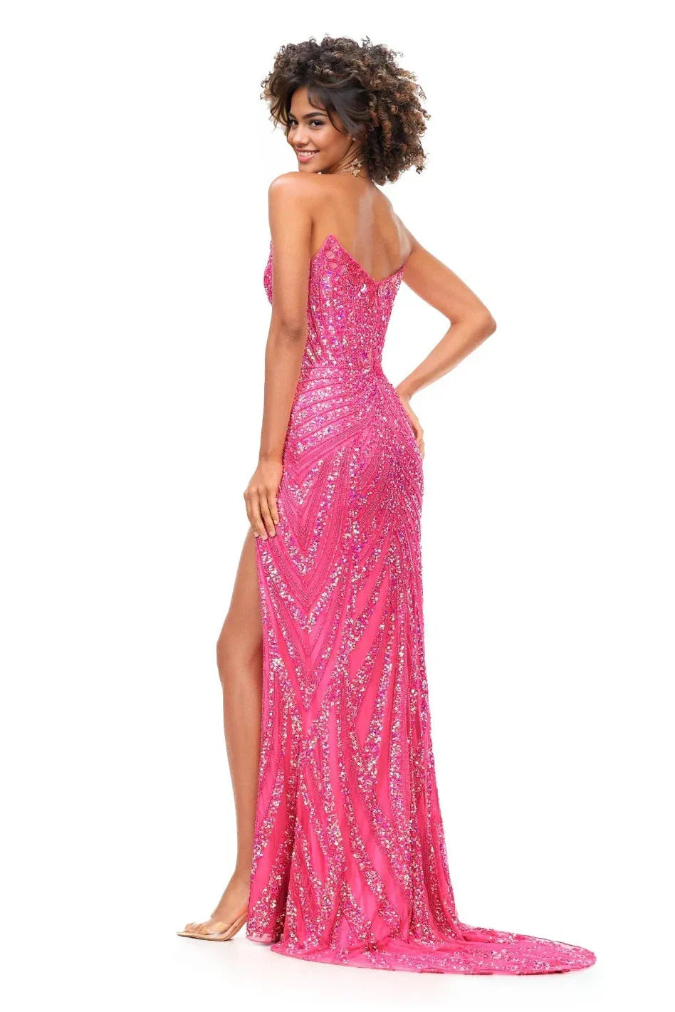 Ashley Lauren Long Fitted V Neck Slit Beaded Sequin Prom Dress Pageant Gown