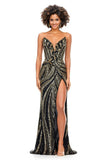 Ashley Lauren Long Fitted V Neck Slit Beaded Sequin Prom Dress Pageant Gown