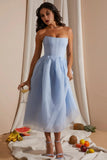 Strapless Corset Tulle Midi Dress in Blue