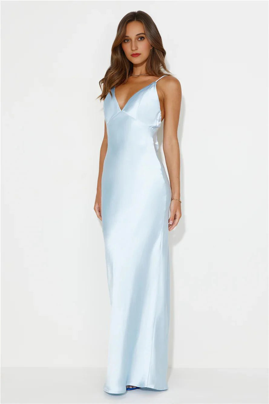 Nights Under Stars Satin Maxi Dress Light Blue