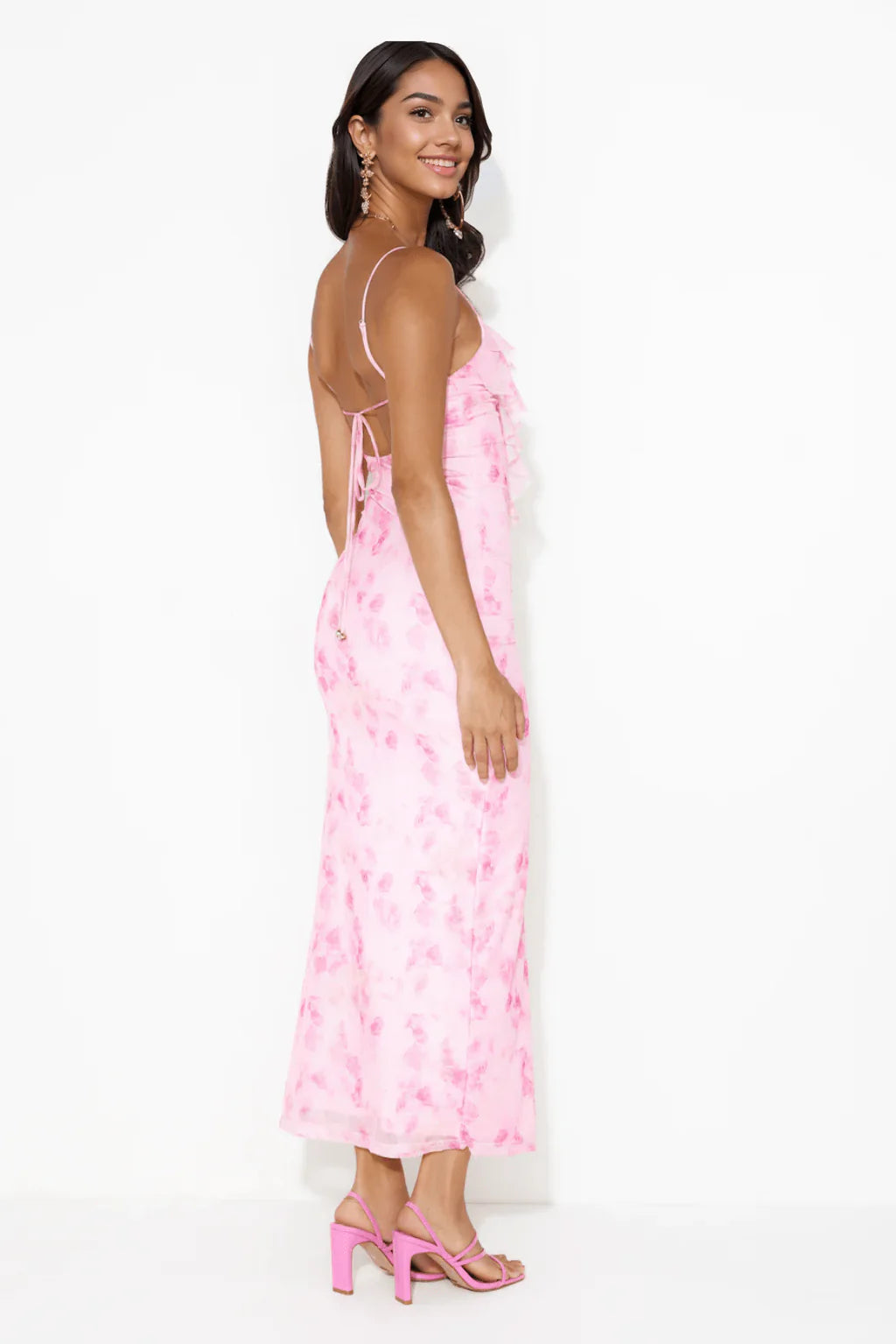 Loving Fun Vibes Frill Mesh Maxi Dress Pink