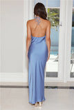 Admired From All Angles Satin Halter Maxi Dress Blue