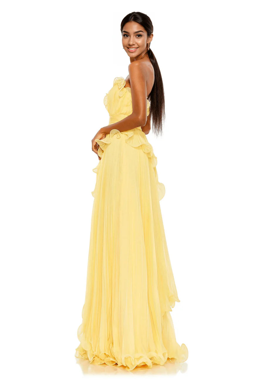 Pleated Tiered Ruffled Strapless Gown