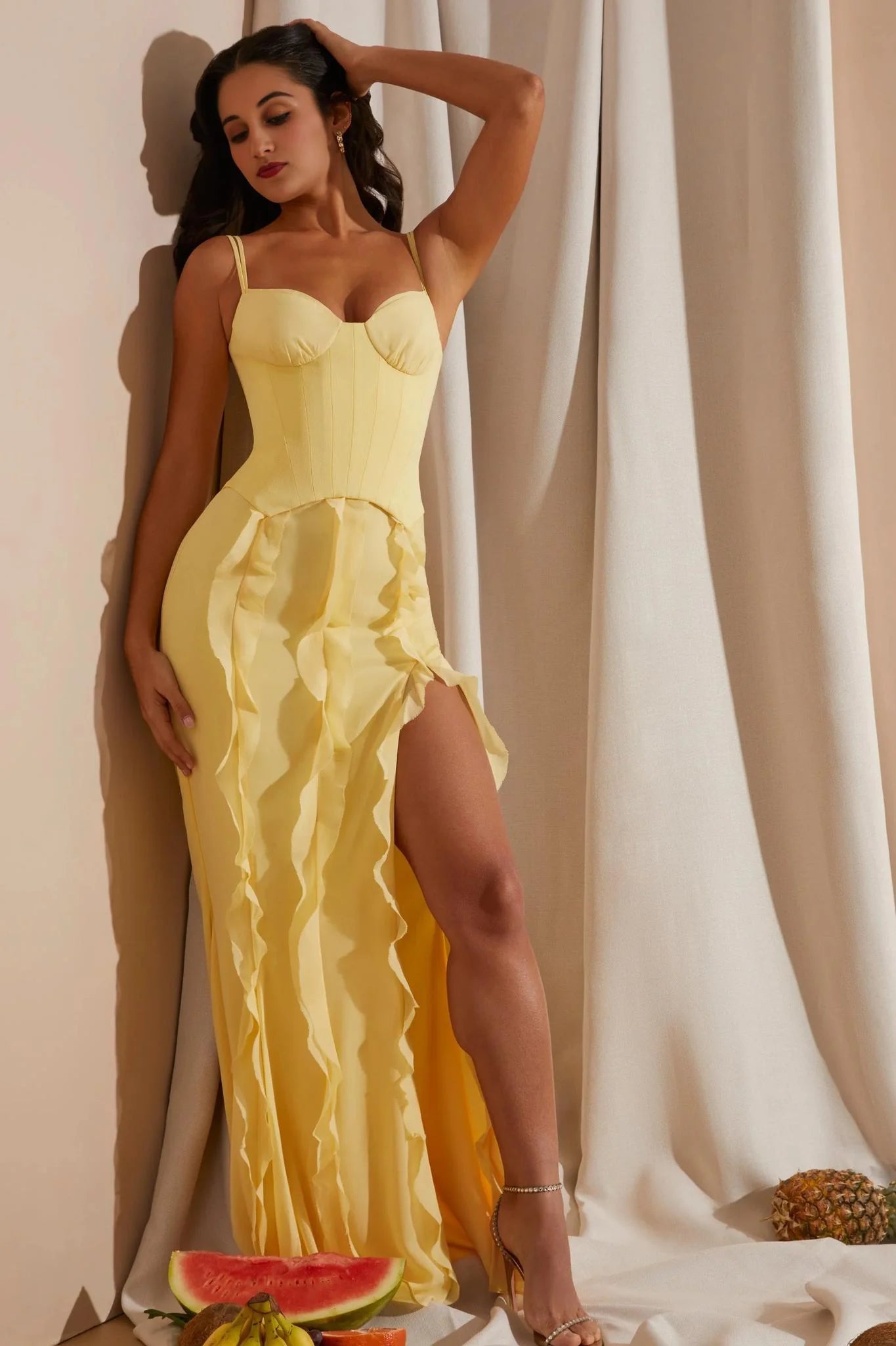 Corset Frill Skirt Maxi Dress in Yellow