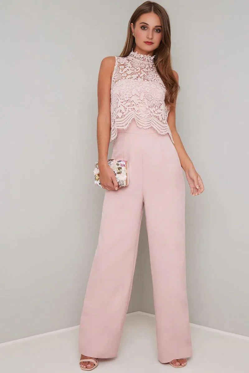 High Neck Lace Overlay Wide Leg Jumpsuit in Pink