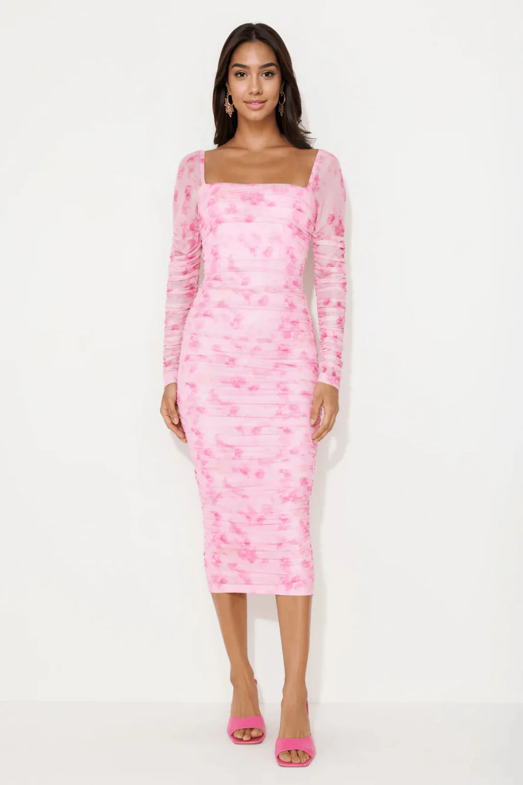 Hey There Gorg Long Sleeve Mesh Midi Dress Pink