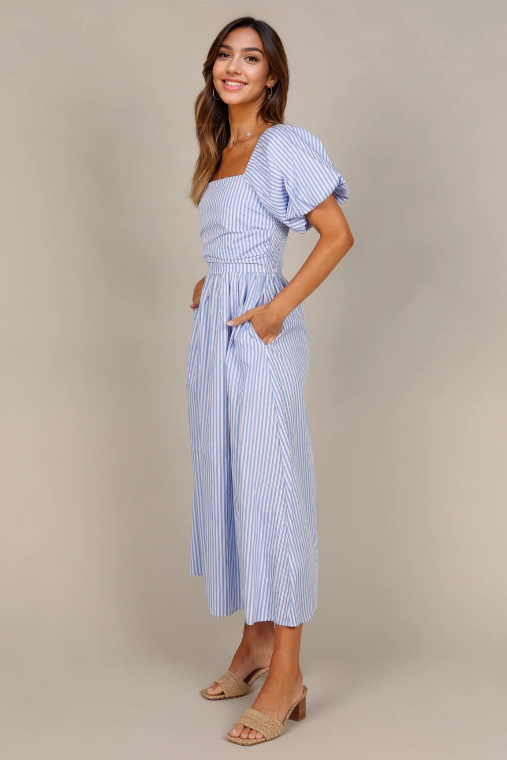 Clo Puff Sleeve Midi Dress - Blue Stripe