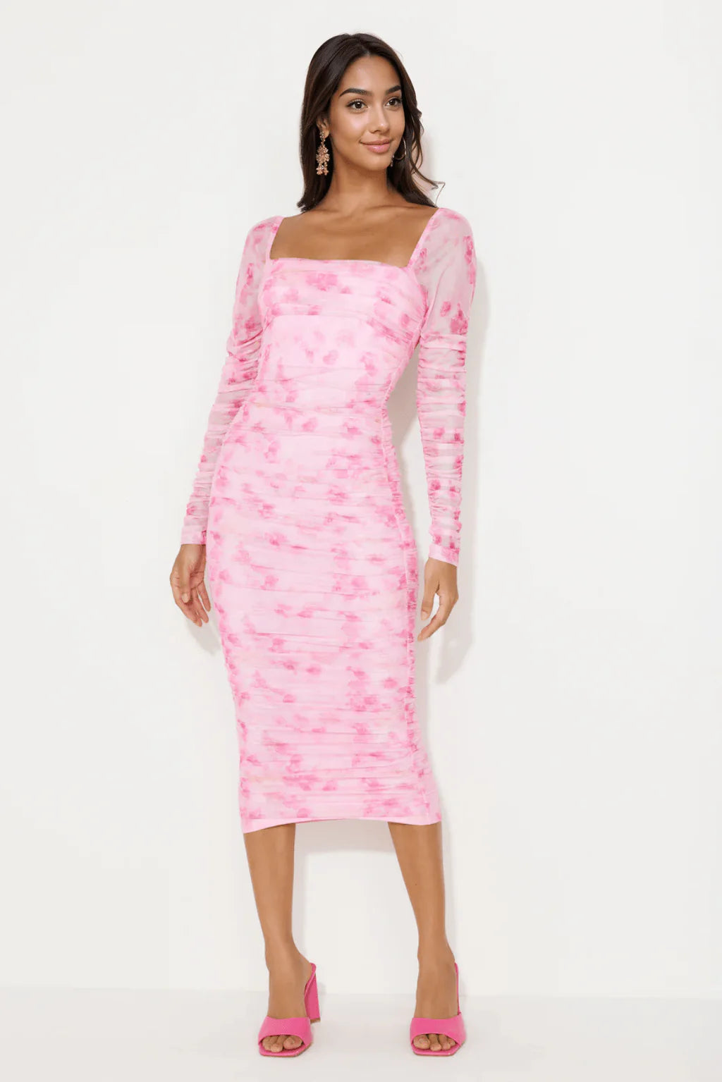 Hey There Gorg Long Sleeve Mesh Midi Dress Pink