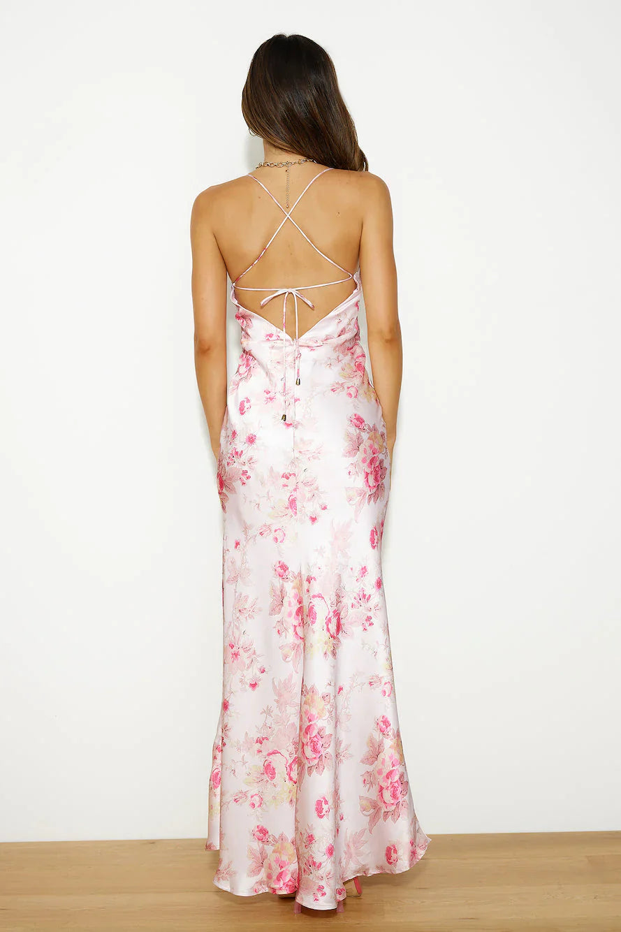 Blooming Passions Satin Maxi Dress Pink