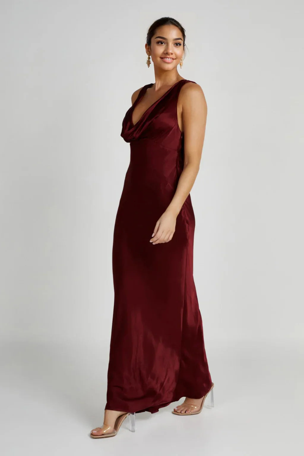 Angelique Satin Cowl Back Maxi Dress - Berry