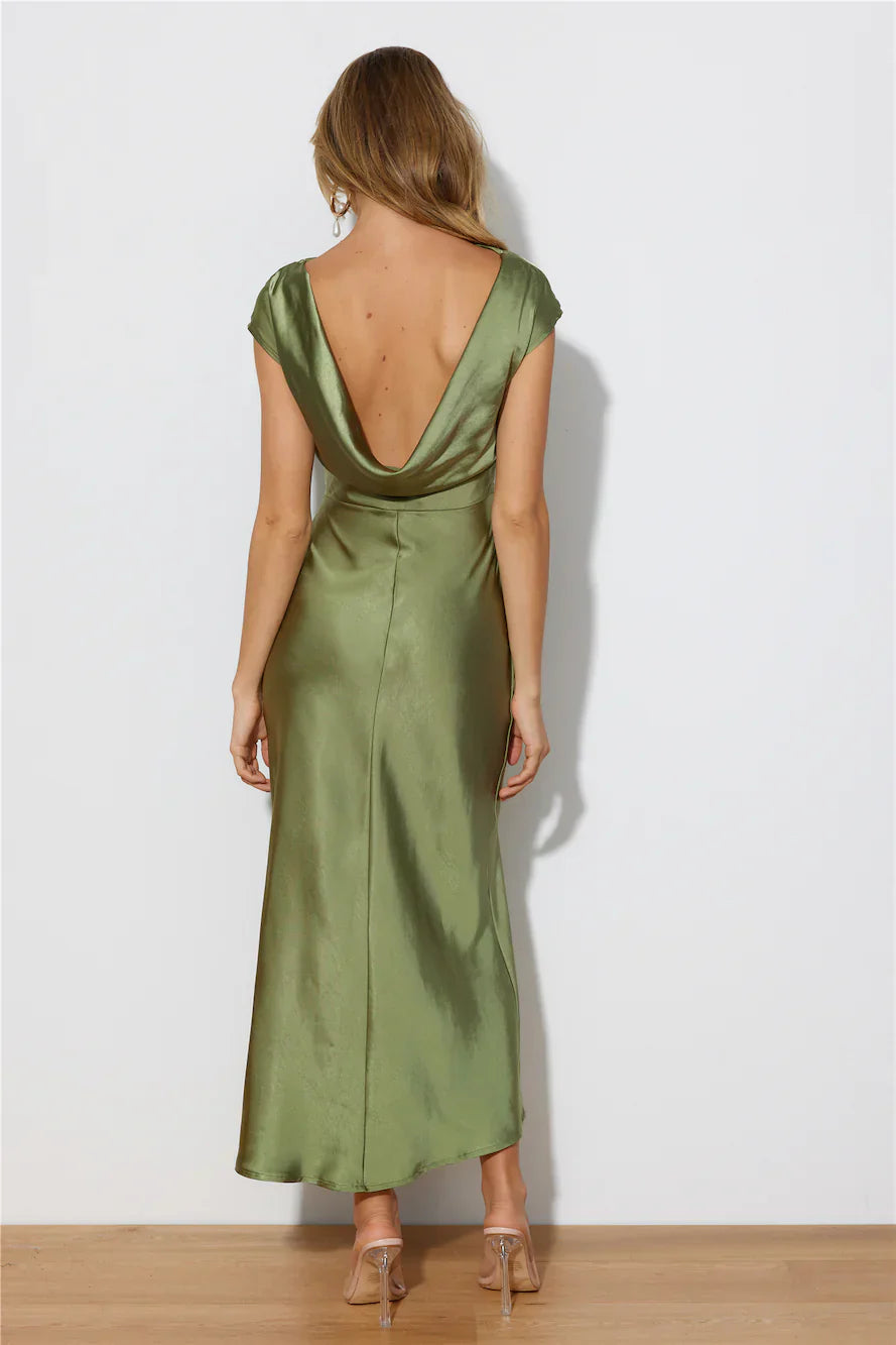 Faithful Nights Satin Midi Dress Olive