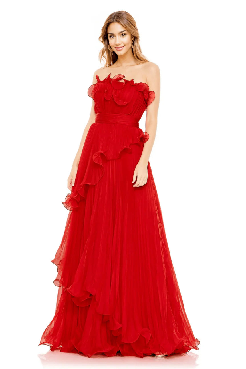 Pleated Tiered Ruffled Strapless Gown