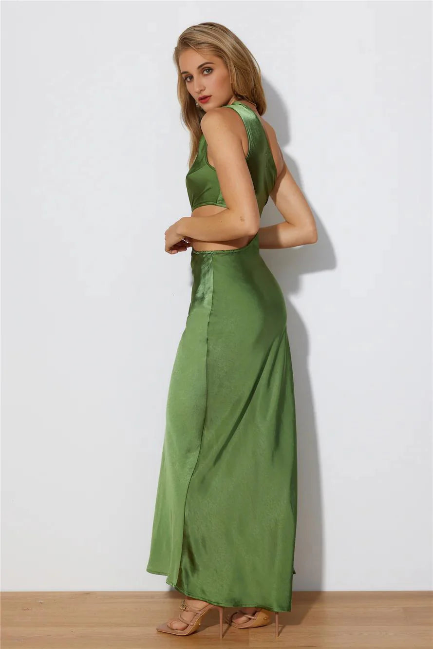 Poker Faced Satin Maxi Dress Green