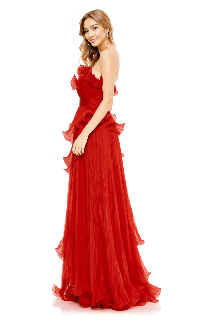 Pleated Tiered Ruffled Strapless Gown