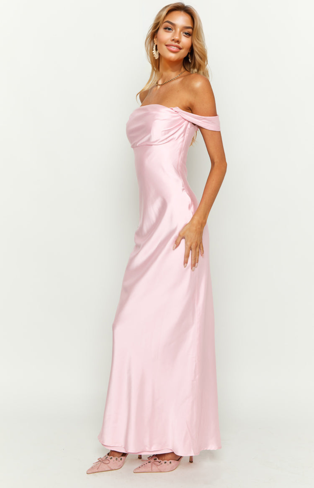 Ella Light Pink Off Shoulder Formal Maxi Dress