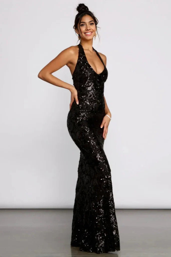 Haven Formal Sequin Scroll Halter Dress