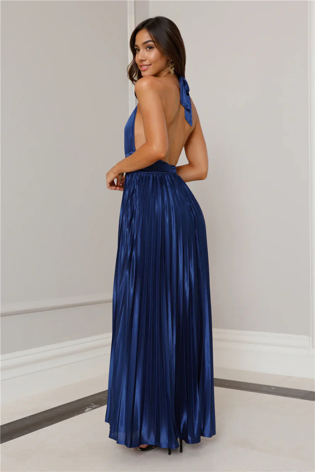 Shimmering Sea Pleated Halter Maxi Dress Navy