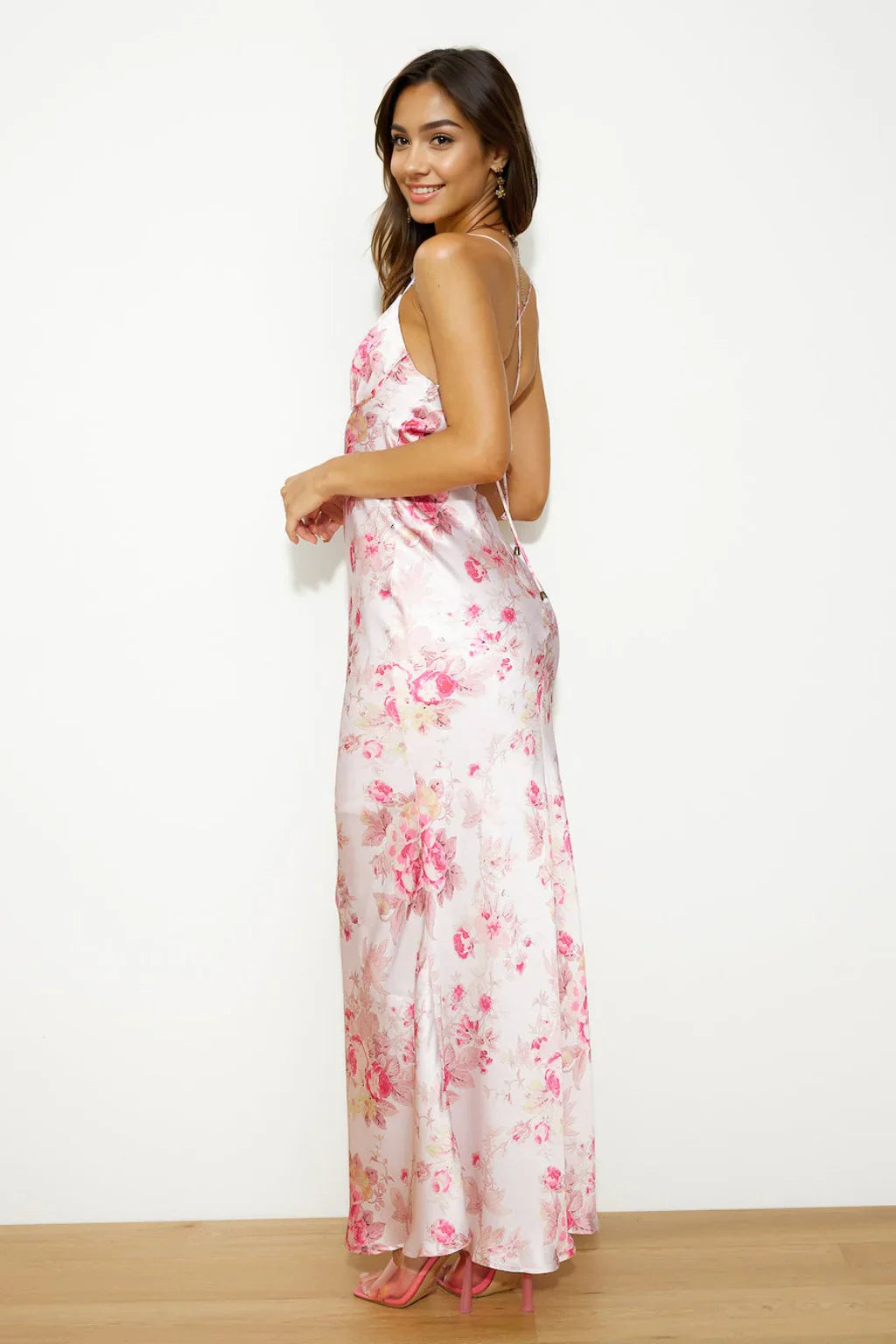 Blooming Passions Satin Maxi Dress Pink