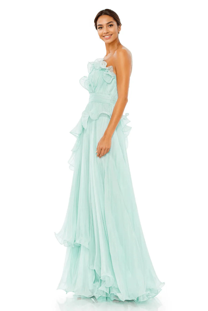 Pleated Tiered Ruffled Strapless Gown