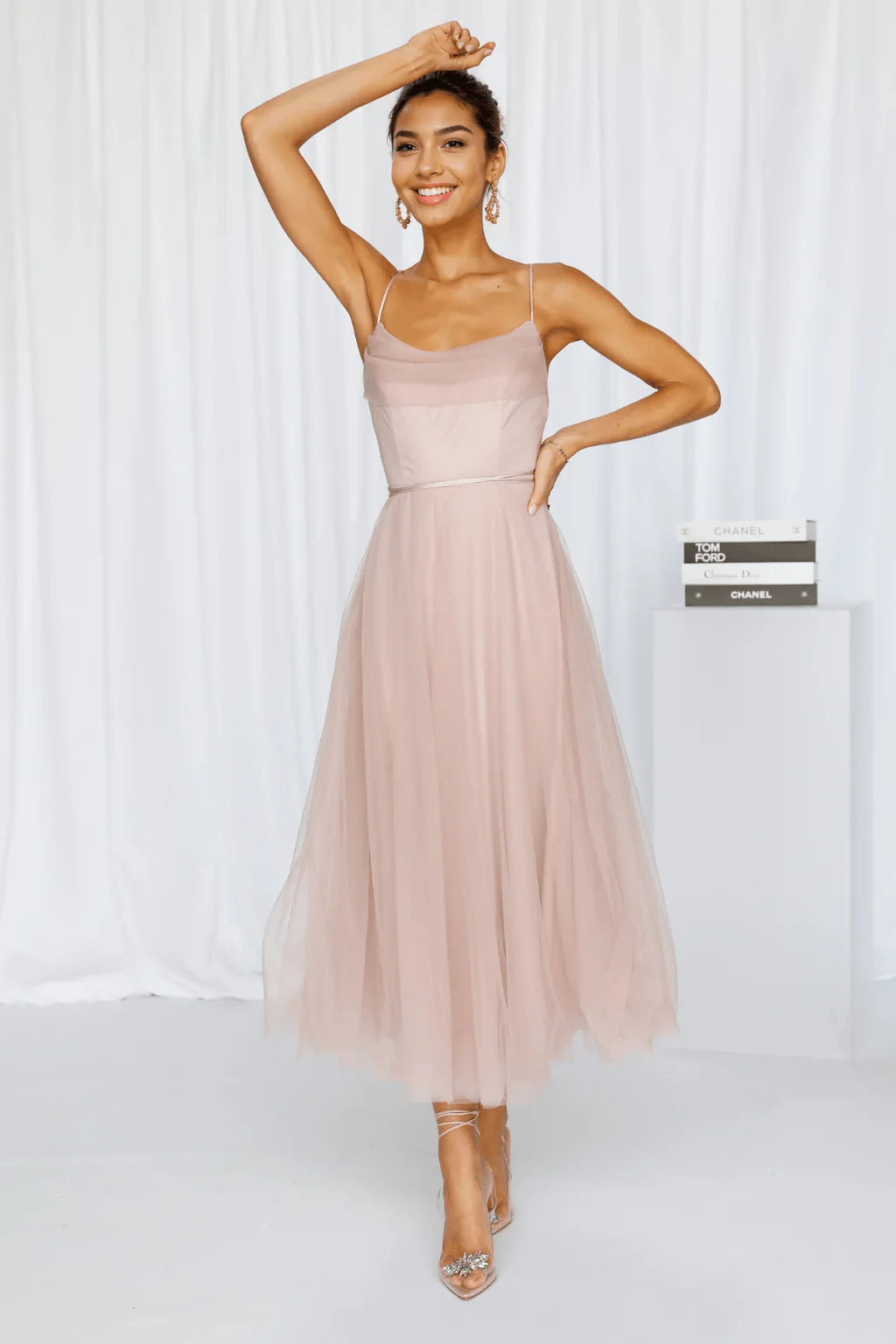 Signal My Way Tulle Midi Dress Rose