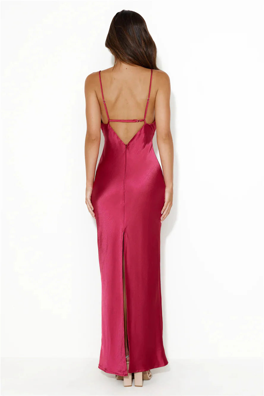 Nights Under Stars Satin Maxi Dress Berry