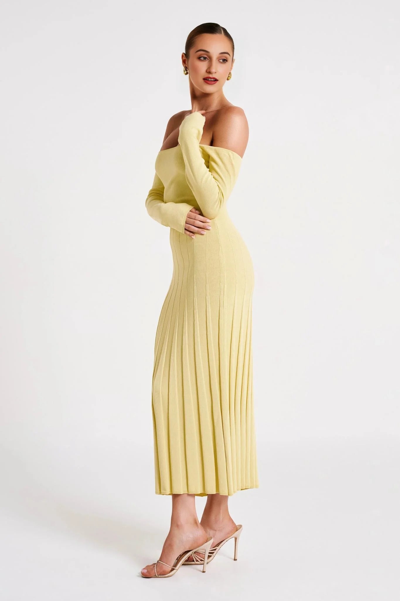 Emmeline Long Sleeve Rib Knit Midi Dress - Lemon