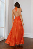 Shimmering Sea Pleated Halter Maxi Dress Orange