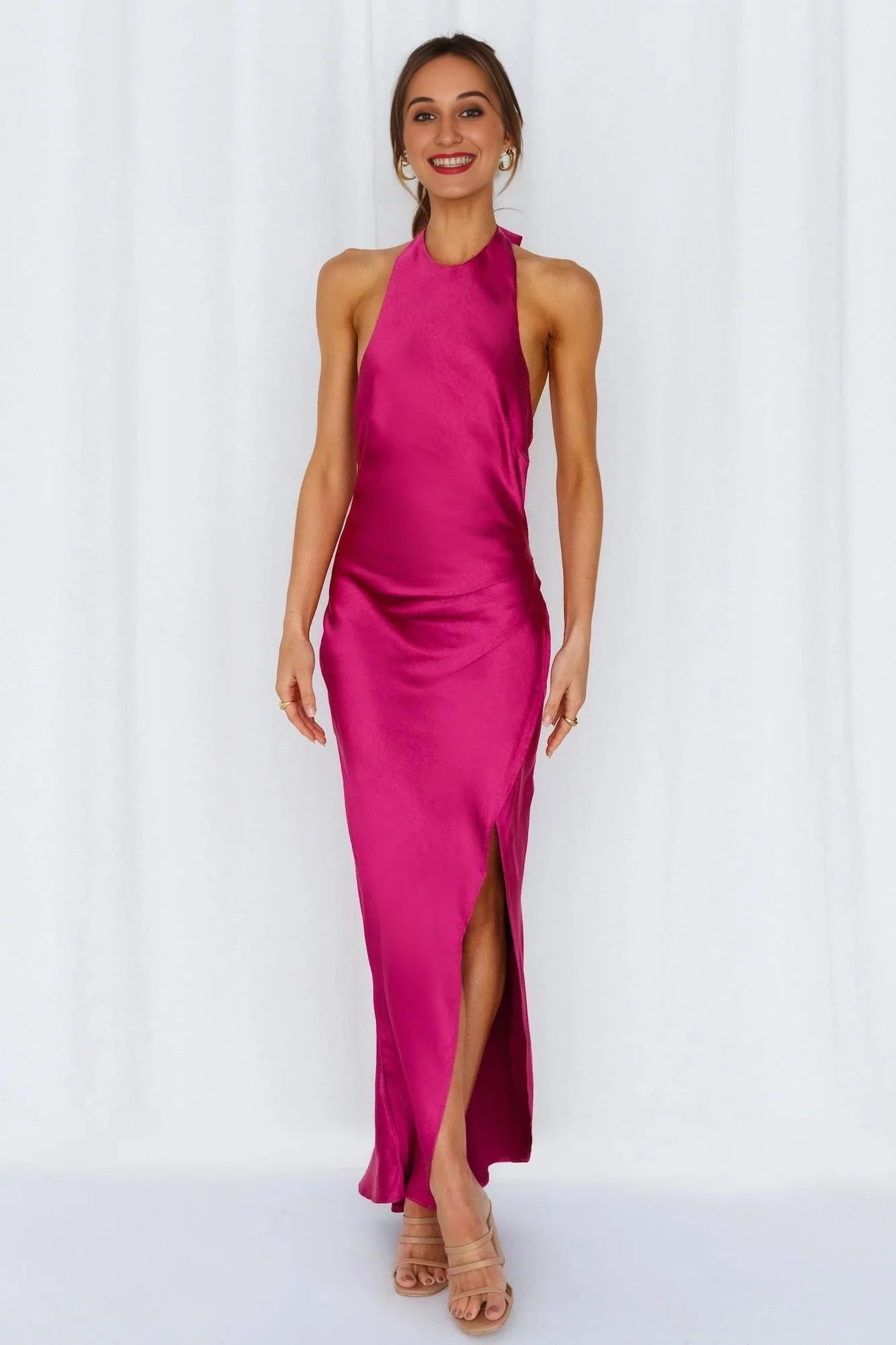 Light Minds Satin Midi Dress Fuchsia