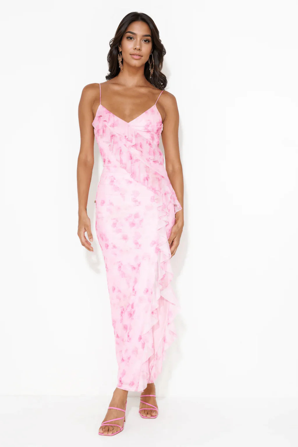 Loving Fun Vibes Frill Mesh Maxi Dress Pink