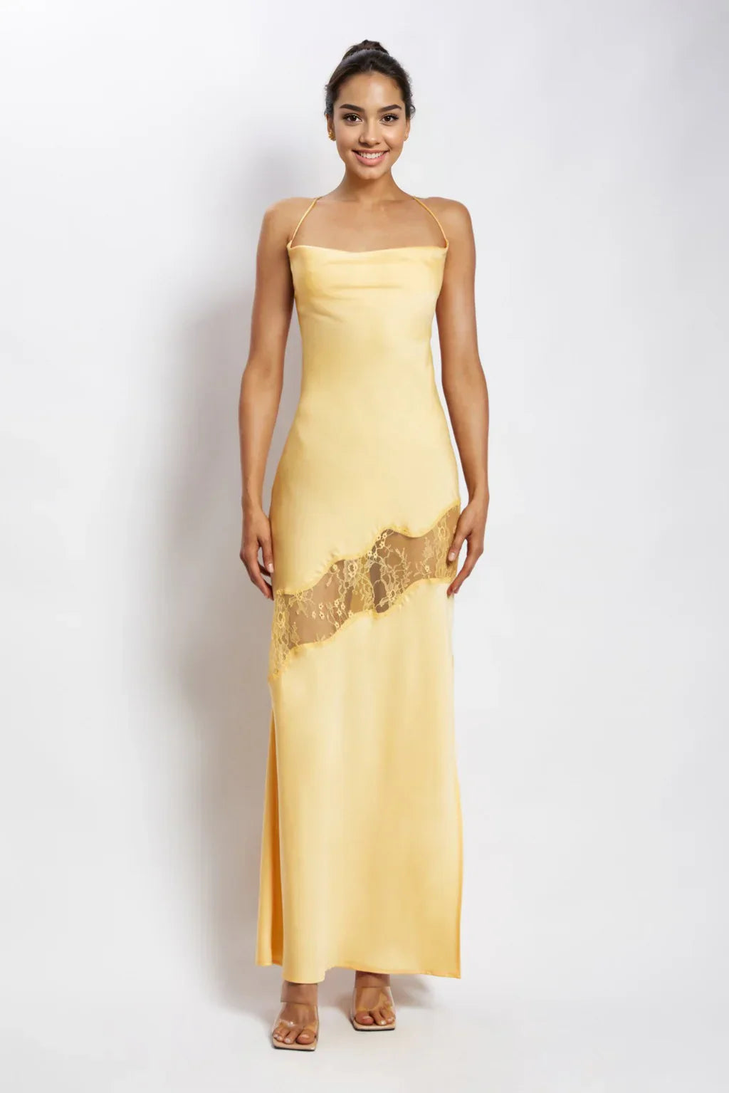 Chandra Lace Detail Satin Maxi Dress - Lemon