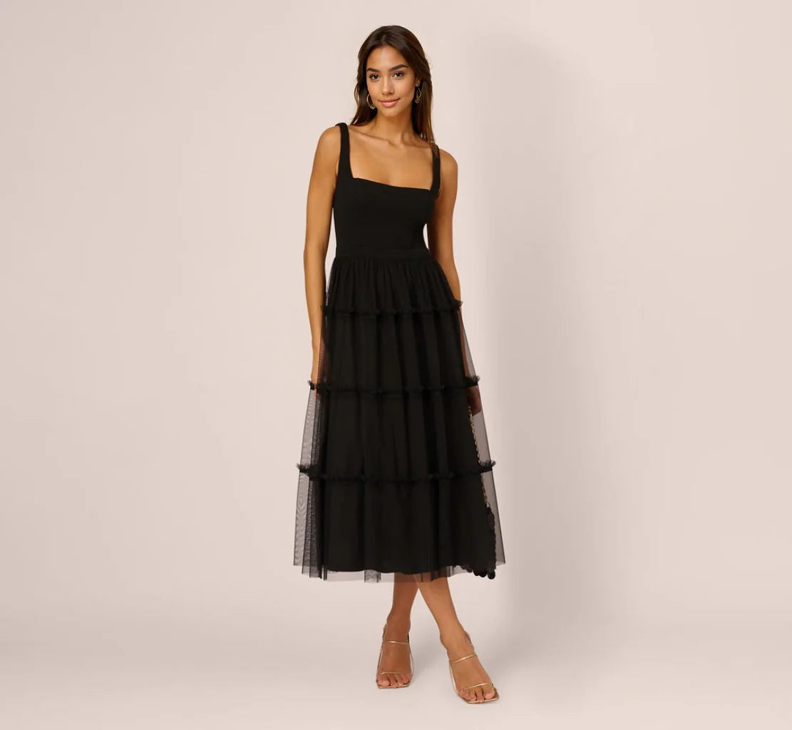 Sleeveless Midi Dress With Square Neck And Tiered Skirt In Black