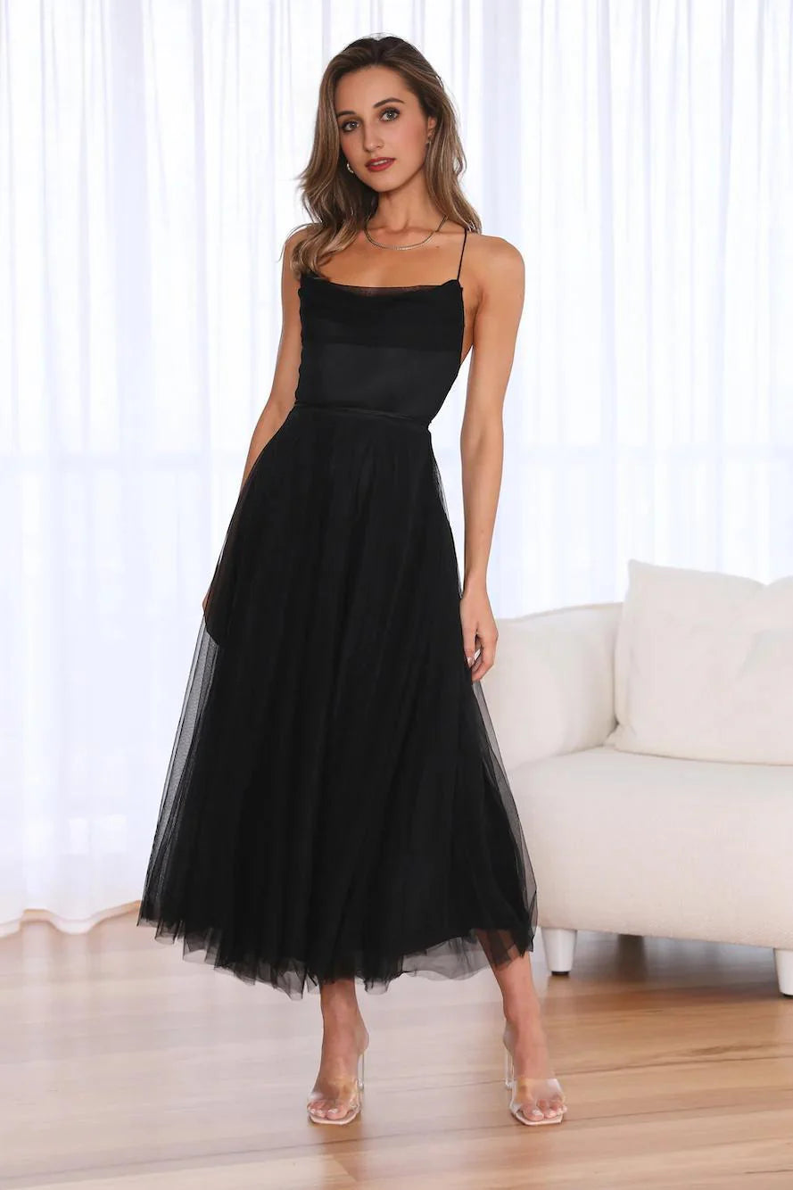 Signal My Way Tulle Midi Dress Black