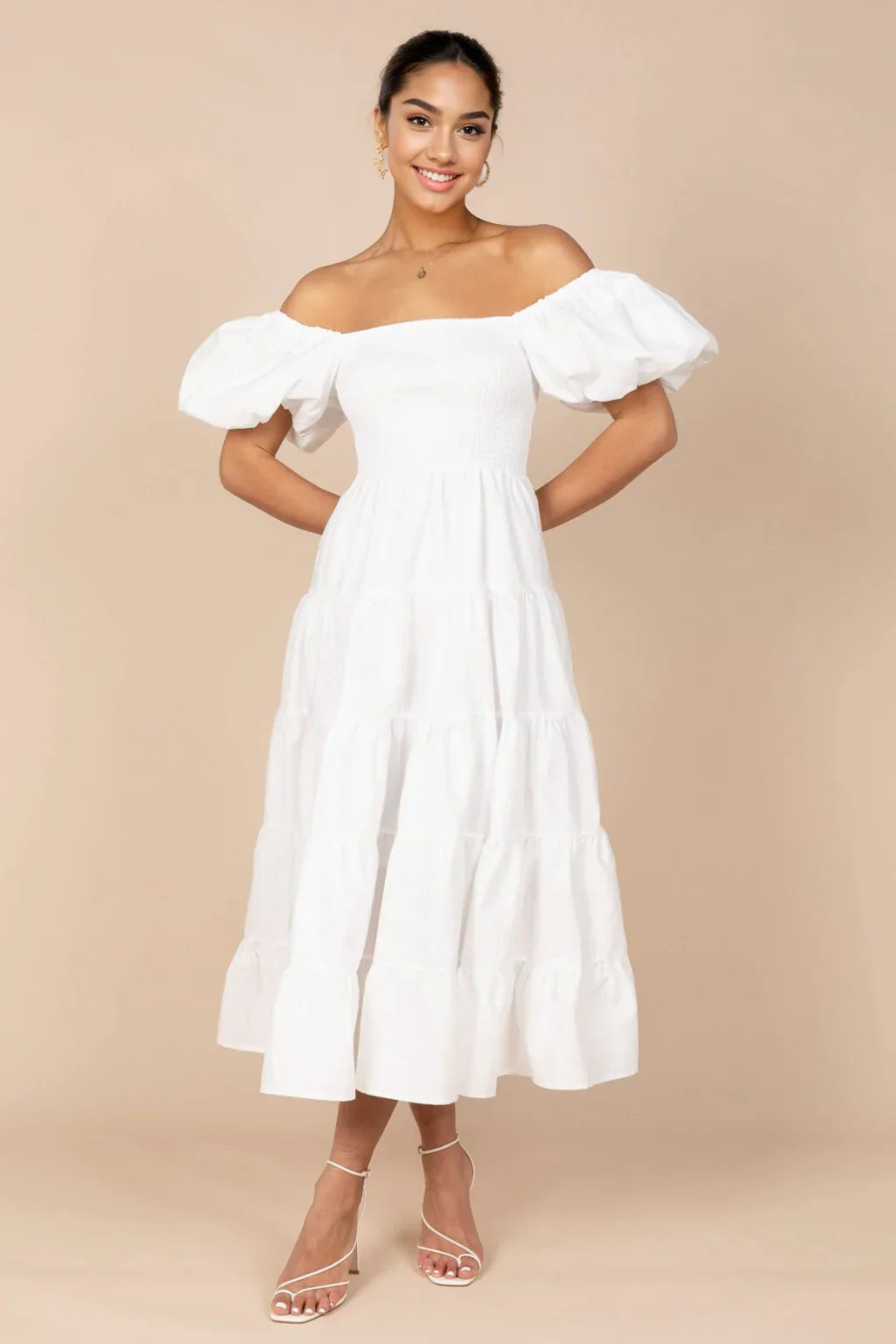 Annette Puff Sleeve Shirred Midi Dress - White