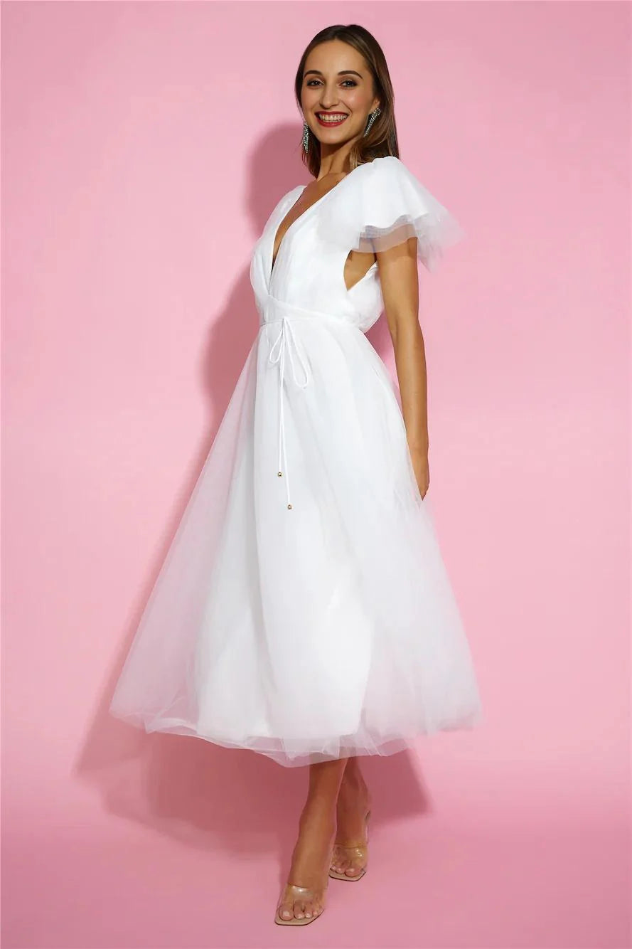 Bells Are Ringing Tulle Midi Dress White