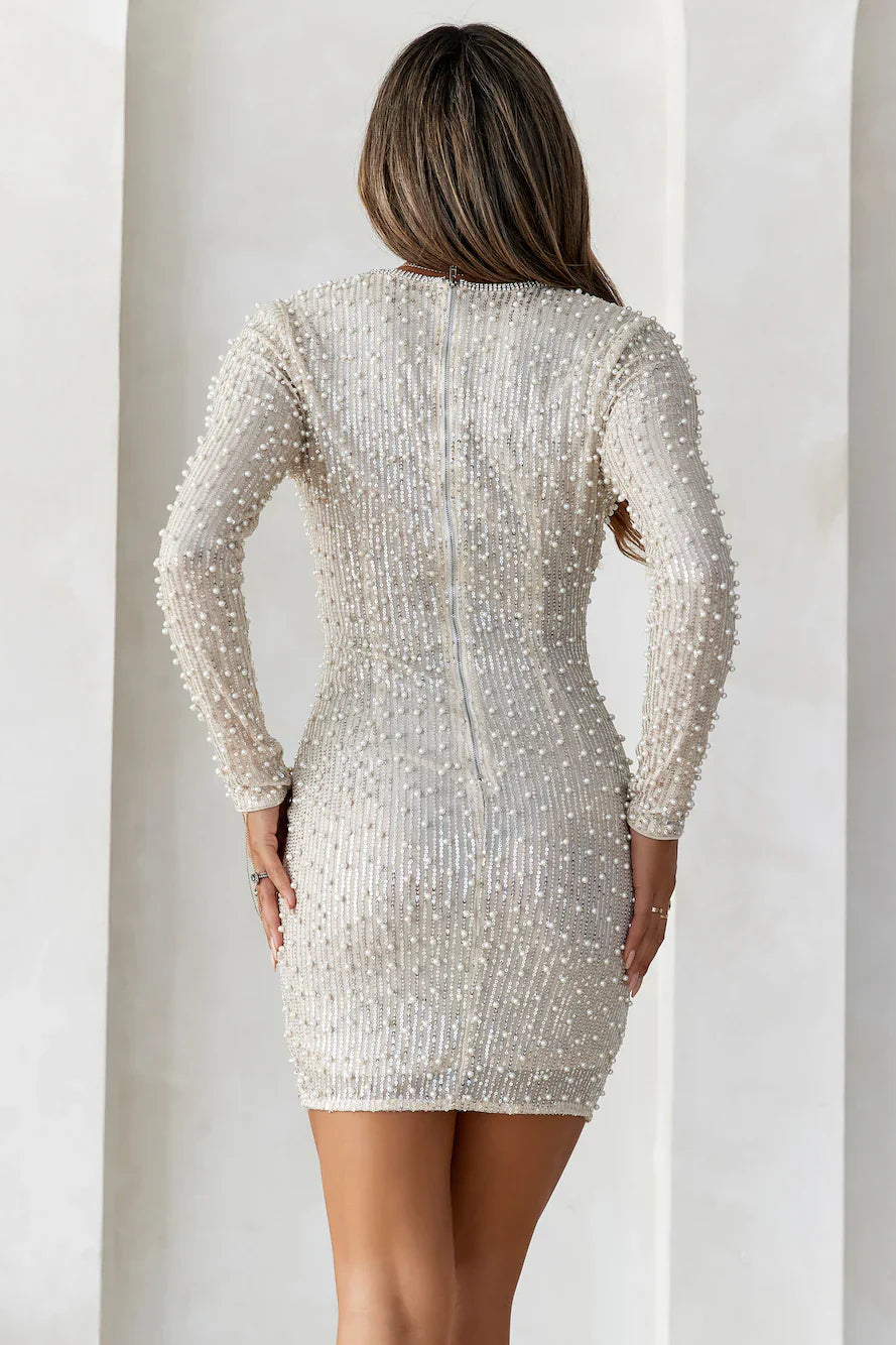 Luxury Gold Long Sleeve Mini Dress Pearl